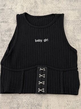 Baby Girl Black Ribbed Hook-Front Crop Top